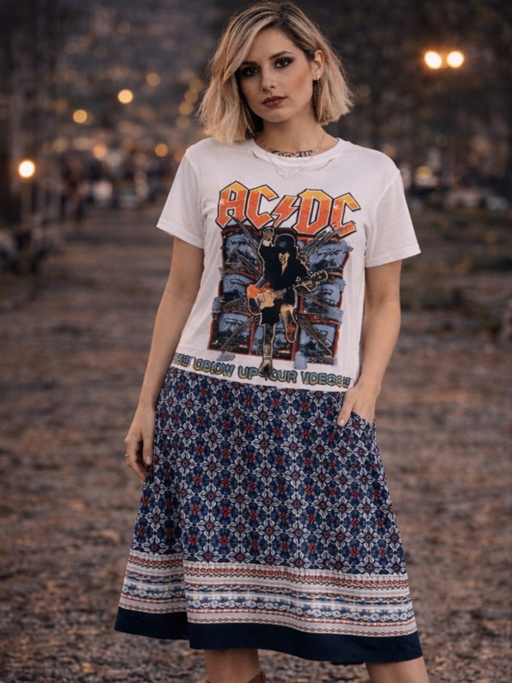 Custom Upcycled AC DC Graphic Tee Shirt Dress Dropped Wast Size S